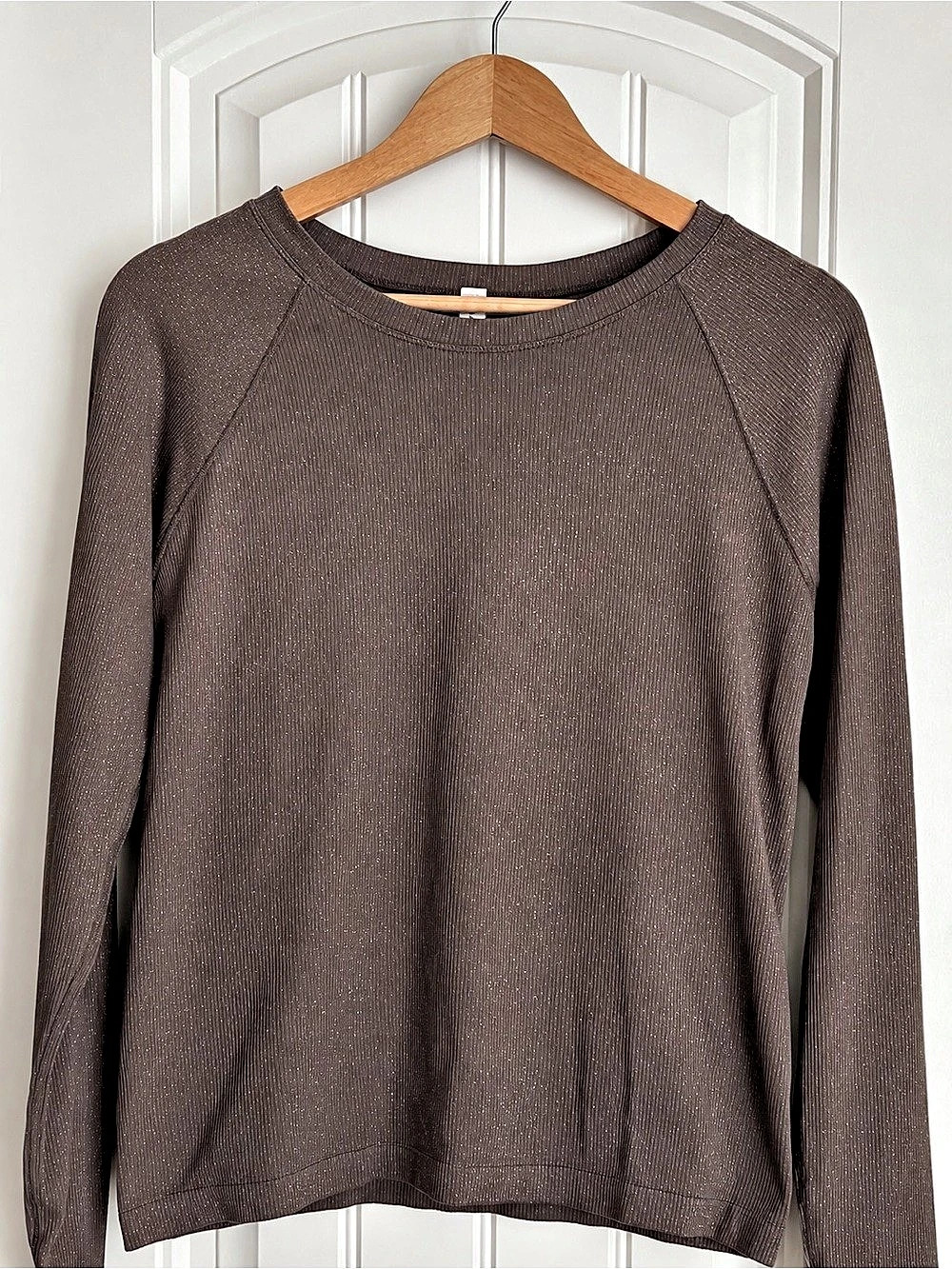 Athleta Momentum Shimmer Seamless Long Sleeve Crew Neck Top Size M, Dark Taupe